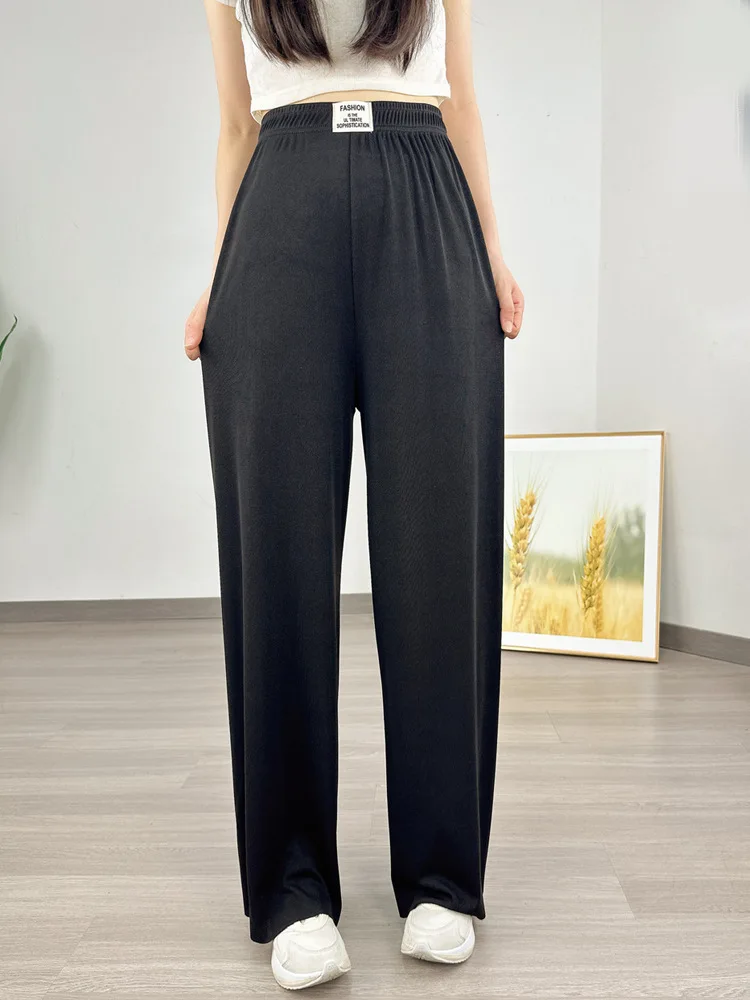 Women’s ice silk wide leg high waist summer floor length casual pants black