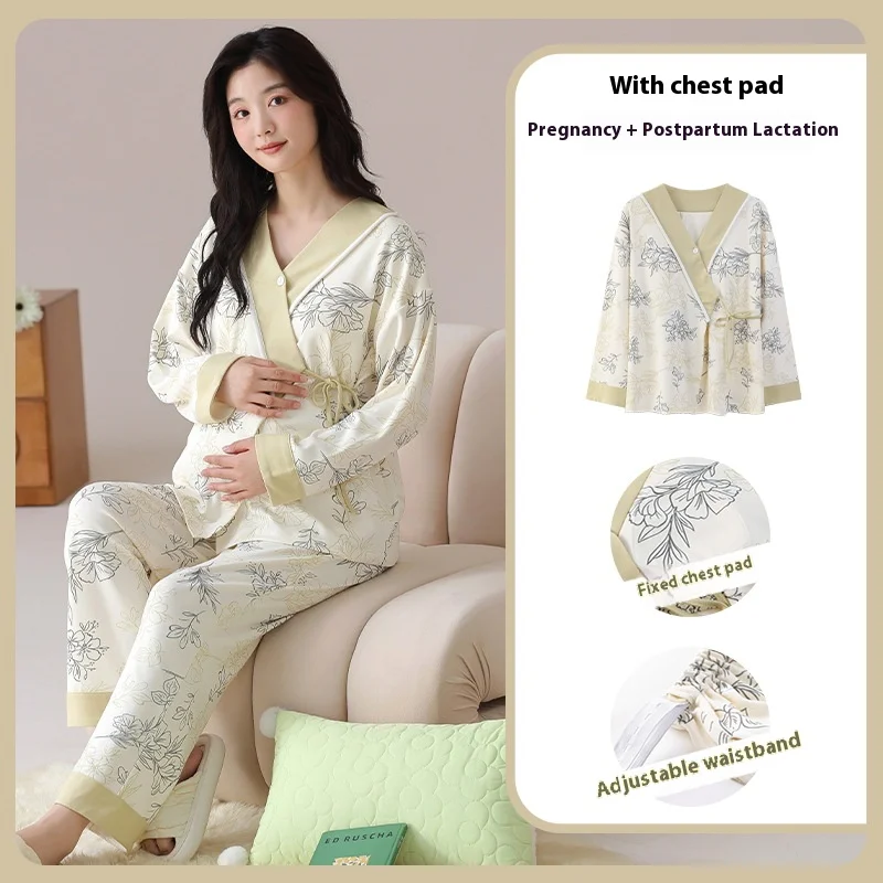 Postpartum Clothing with Chest Cushion Autumn Postpartum Women Pajamas Maternity Ladies Breastfeeding Clothes Pregnancy Homewear - 3