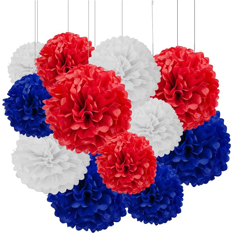 

Navy Blue Red White Paper Pom Poms Flower USA Birthday Independence Day 4th of July Day Patriotic Party Hanging Wall Decoration