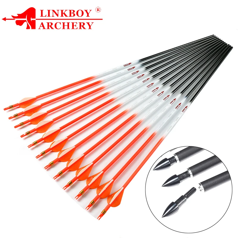 Linkboy Archery 12PCS Carbon Arrows Sp300800 Fluorescen Orange 2"Vanes