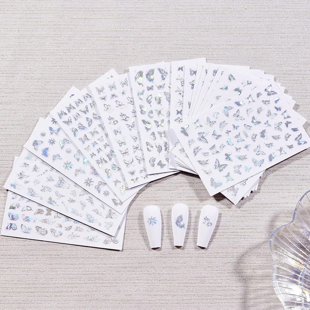 

16pcs/set Laser Silver Butterfly Nail Art Sticker Butterfly 3D Hollow DIY Glitter Holographic Slider Nail Art Decal Decoration