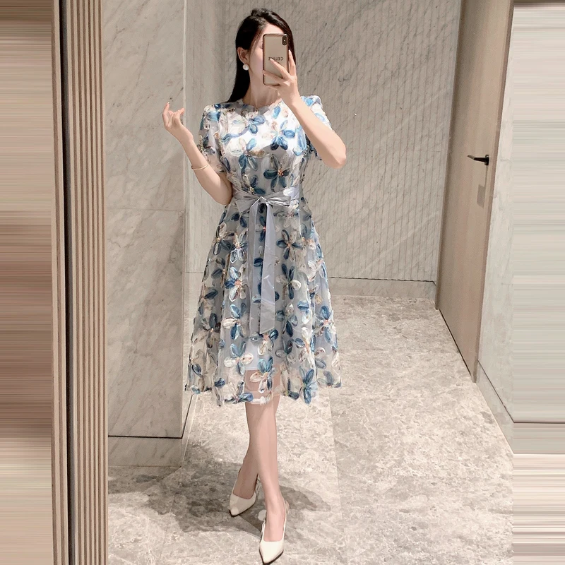 

Summer New Light Luxury Celebrity Exquisite Fashion Dress Women's O-Neck Short Sleeve Lace-up Slim Fit Flower A-line Skirt