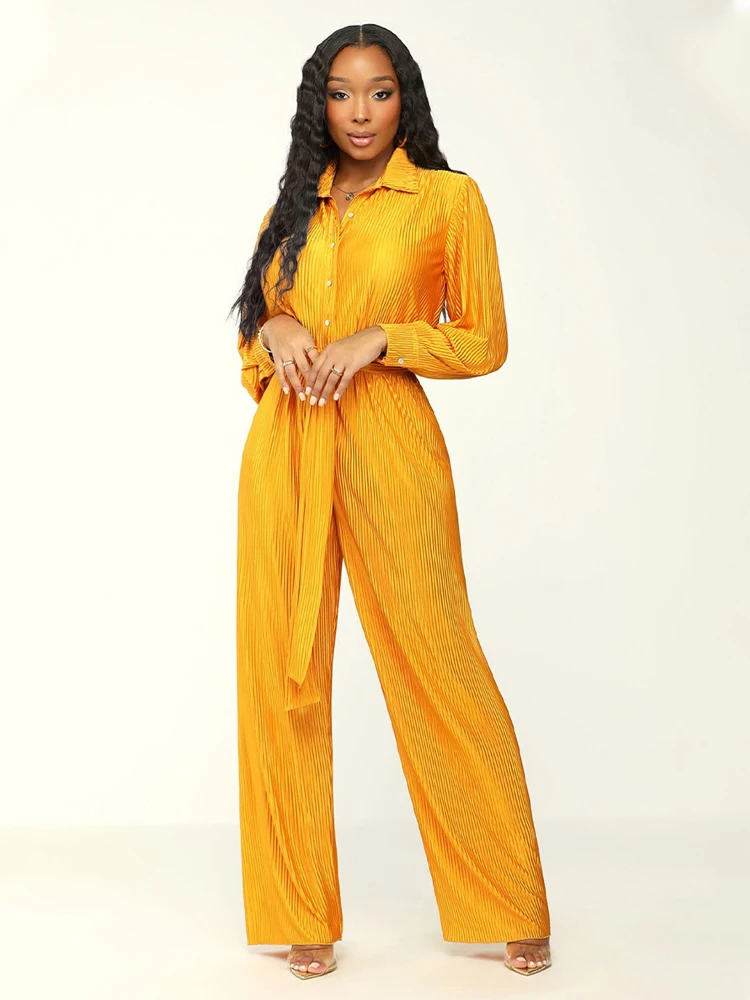 Long Sleeved Wide Leg Jumpsuit Women 2023 Autumn/Winter New Fashionable Pleated Lapel Women's Clothing for Leisure, Commuting casual jumpsuit loose summer jumpsuit high waist cold shoulder half sleeve front hollow long jumpsuit stitching pleated