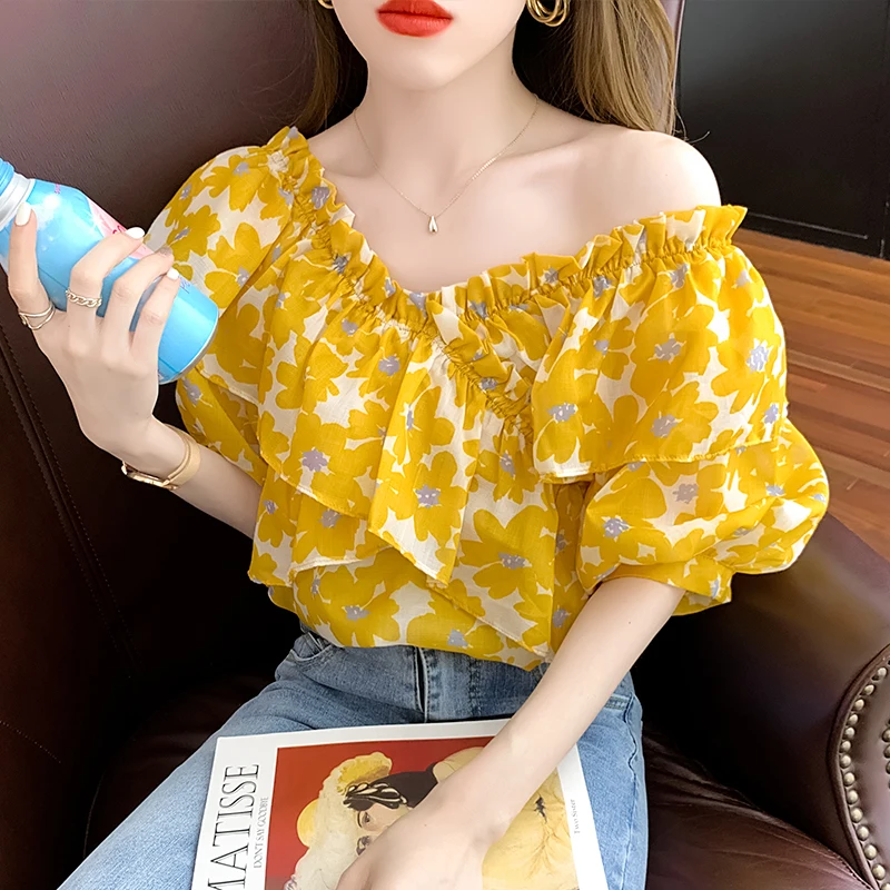 

Новинка лета 2023, милый женский плиссированный топ с оборками и цветочным принтом, женская летняя тонкая футболка с коротким рукавом, Женский Топ