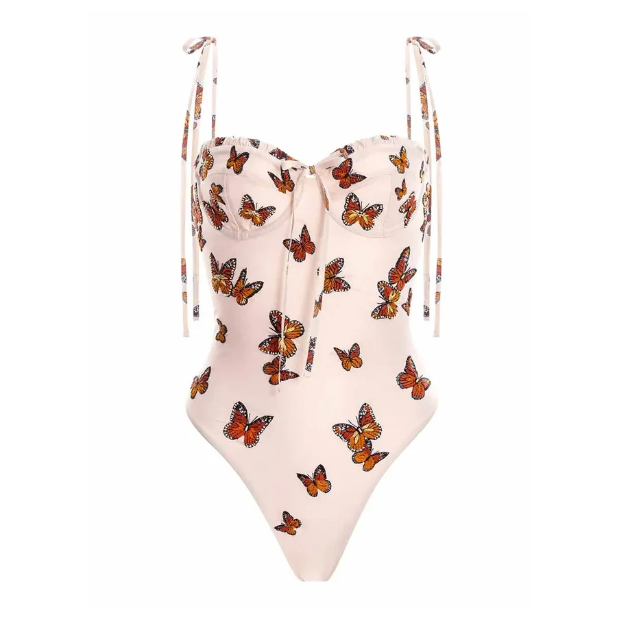Women's New Butterfly Print One-piece Swimsuit Suit Vintage Deep V Swimwear One-Piece Swimsuits Cover Up Beachwear Bathing Suit