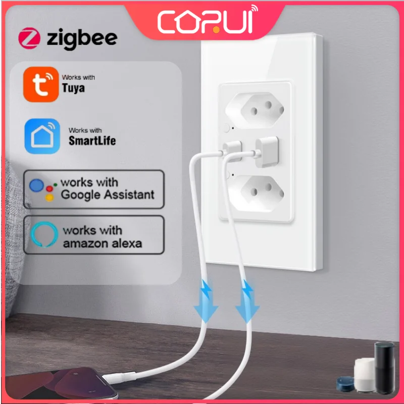 

CORUI Tuya ZigBee Brazil Touch Switch Smart Socket Smart Life Support TypeC/USB Smart Wall Button Work With Alexa Google Home