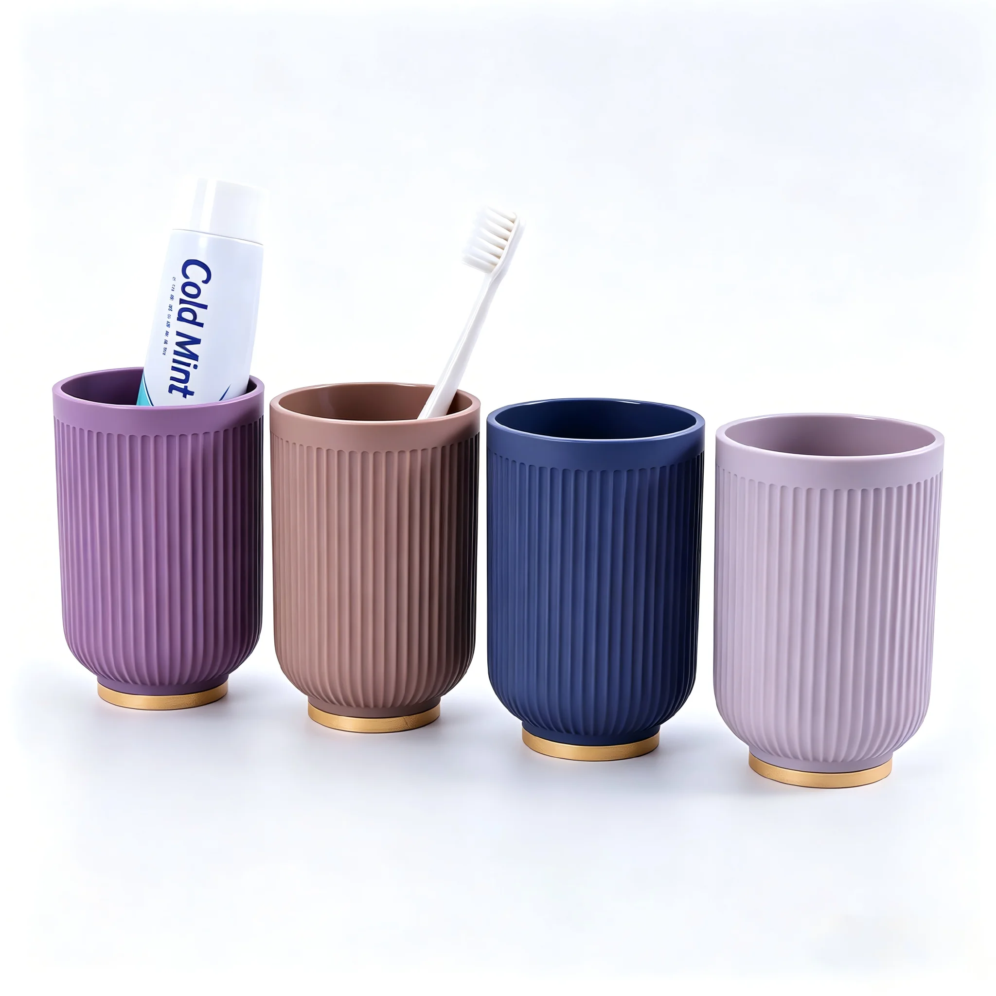 Copos para enxaguante bucal listrados em 5 cores com base de bambu, copos de ABS, porta-escova de dentes, estilo leve e luxuoso, organizador de banheiro._voghion.com