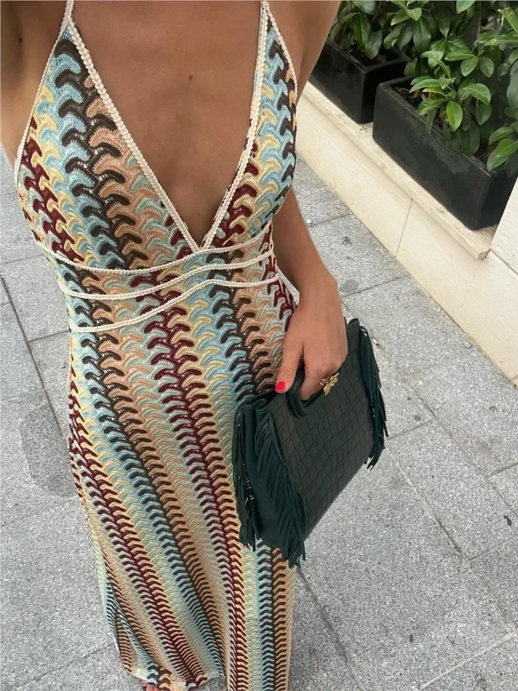 Sexy Printed Colorful Deep V-neck Crochet Maxi Dress Women Chic Sleeveless Backless Sling Slim Vestido 2025 Lady Vacation Robes 4