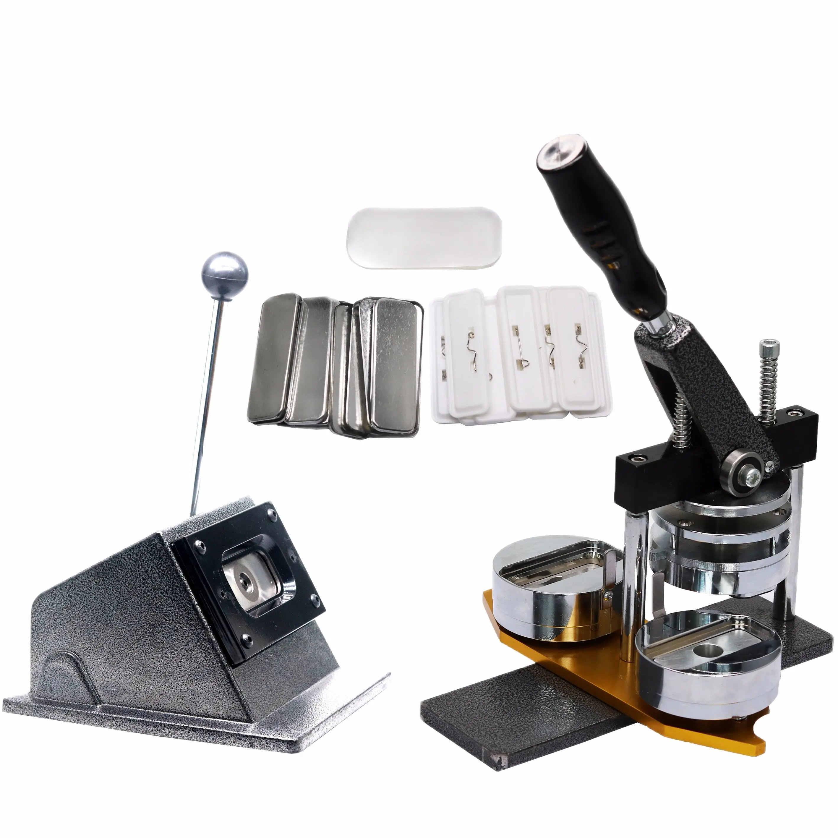 

Sales package of Rectangle 68*24mm Name Tag Badge Making Machine with Paper Cutter and 1000pcs 68*24mm Pin Badge Component