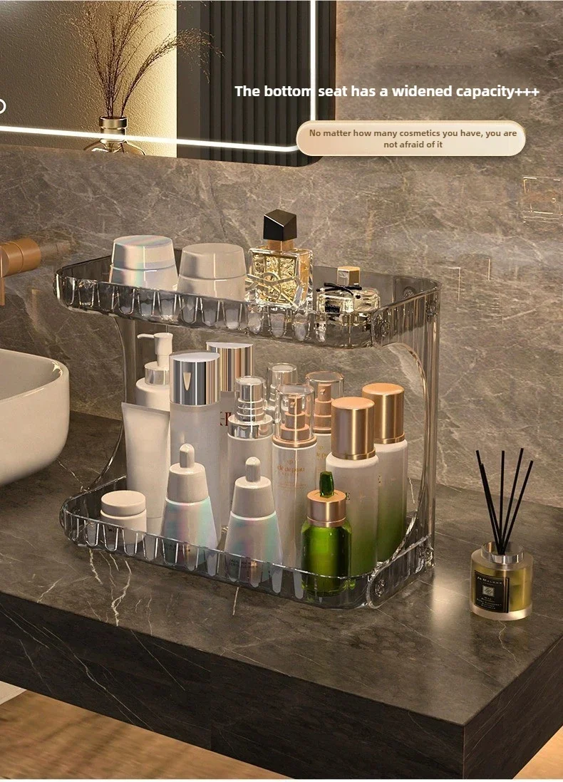 White double-layer bathroom storage rack with cosmetics, skincare bottles, and toiletries on display.