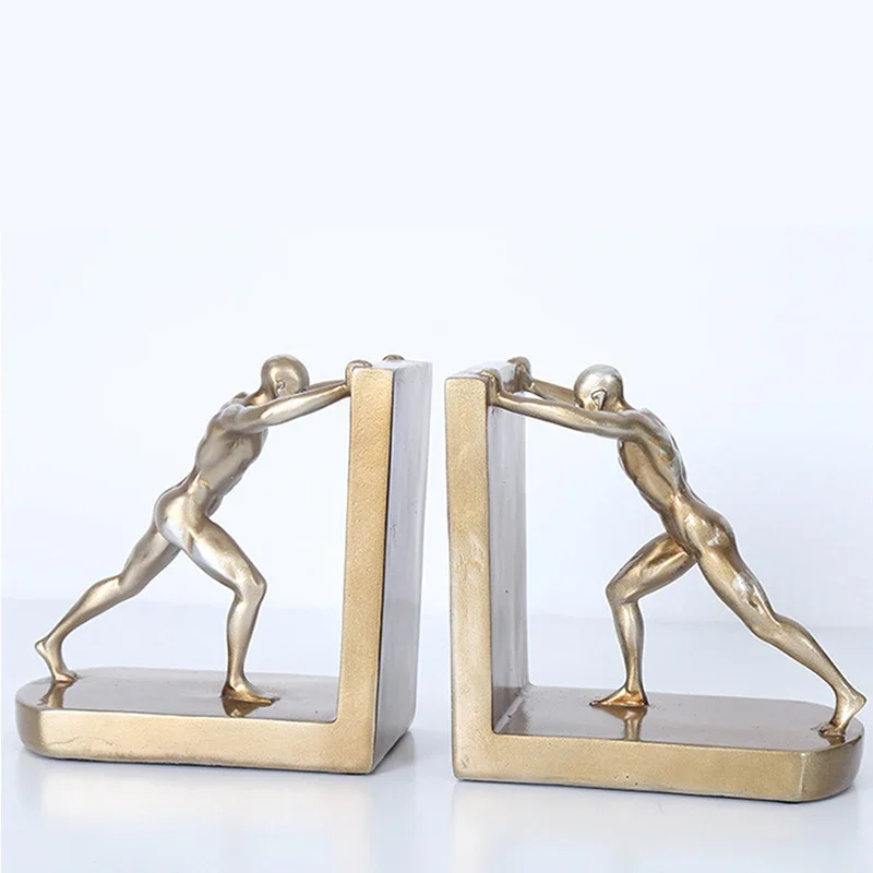 1 Pair Decorative Book Shelf Bookends, Golden Man Pushing Book Support, Stopper Ornaments Resin Craft For Home Cabinet