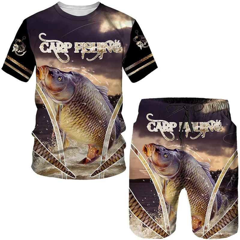 Men's Outdoor Fishing Print Shorts 2Pcs Sets Vintage 3D Print Two Piece Suit O-neck T shirt Fashion Male Sweatshirt  Clothes 6