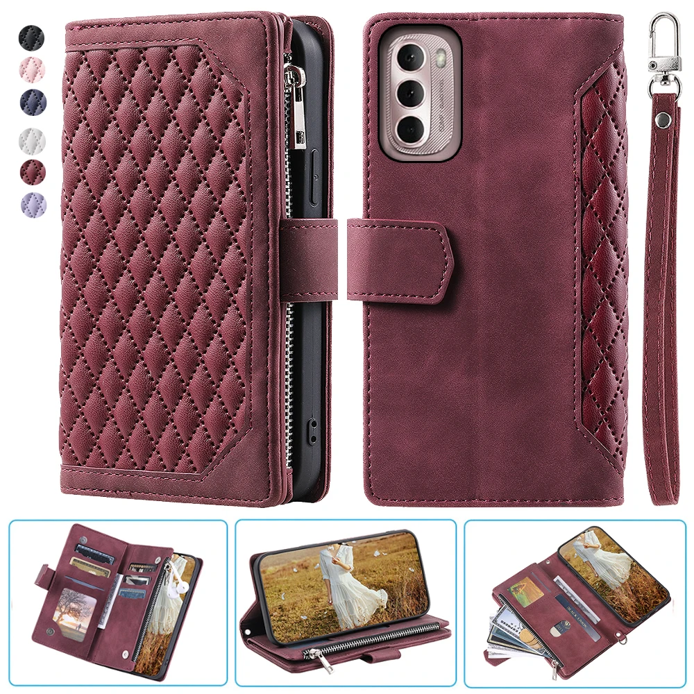 

Moto G Stylus 2022 Fashion Small Fragrance Zipper Wallet Leather Case Flip Cover Multi Card Slots Cover Folio with Wrist Strap