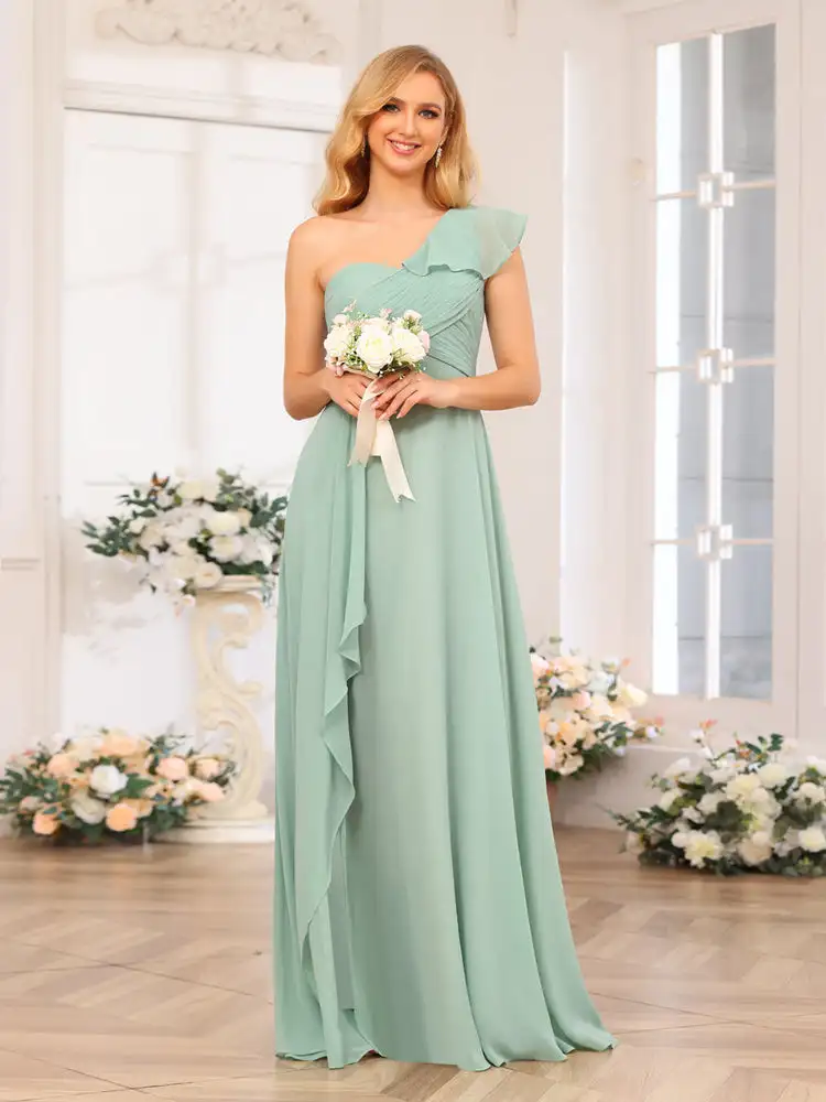 

One-Shoulder Chiffon Bridesmaid Dresses Long A-Line Wedding Guest Dresses With Split Side Ruffles Evening Prom Party Dress