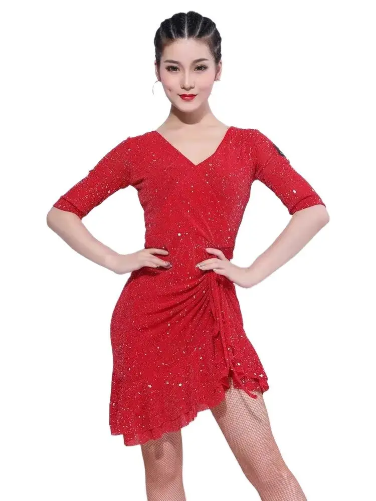 

Sexy Latin Dance Dress Women Wrinkle Design V Neck Dress for Ballroom Samba Tango Chacha Dancing Performamnce