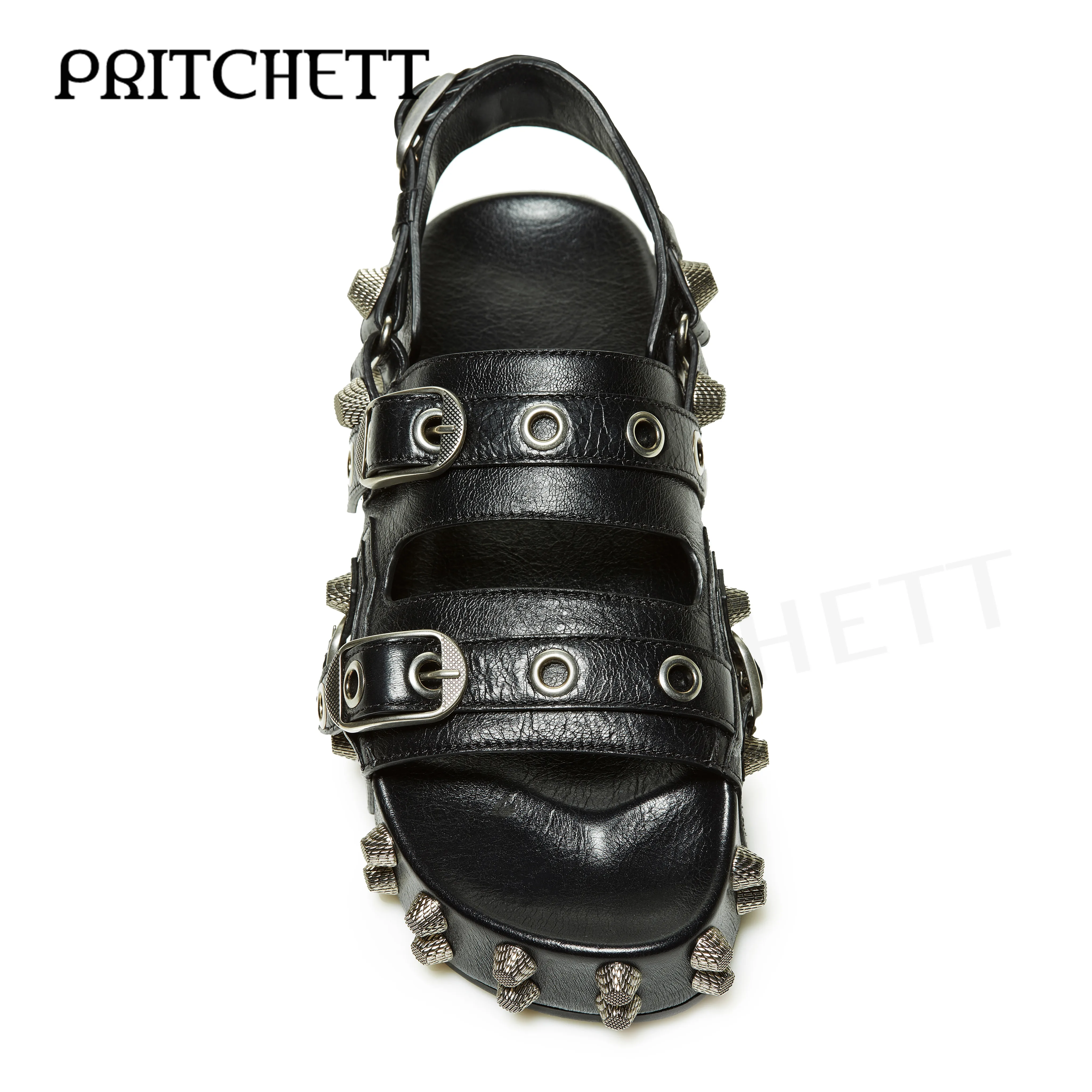 Hardware Thick Sole Black Sandals Retro Rivet Belt Pin Buckle Casual Shoes Large Size Comfortable Women's Shoes and Men's Shoes