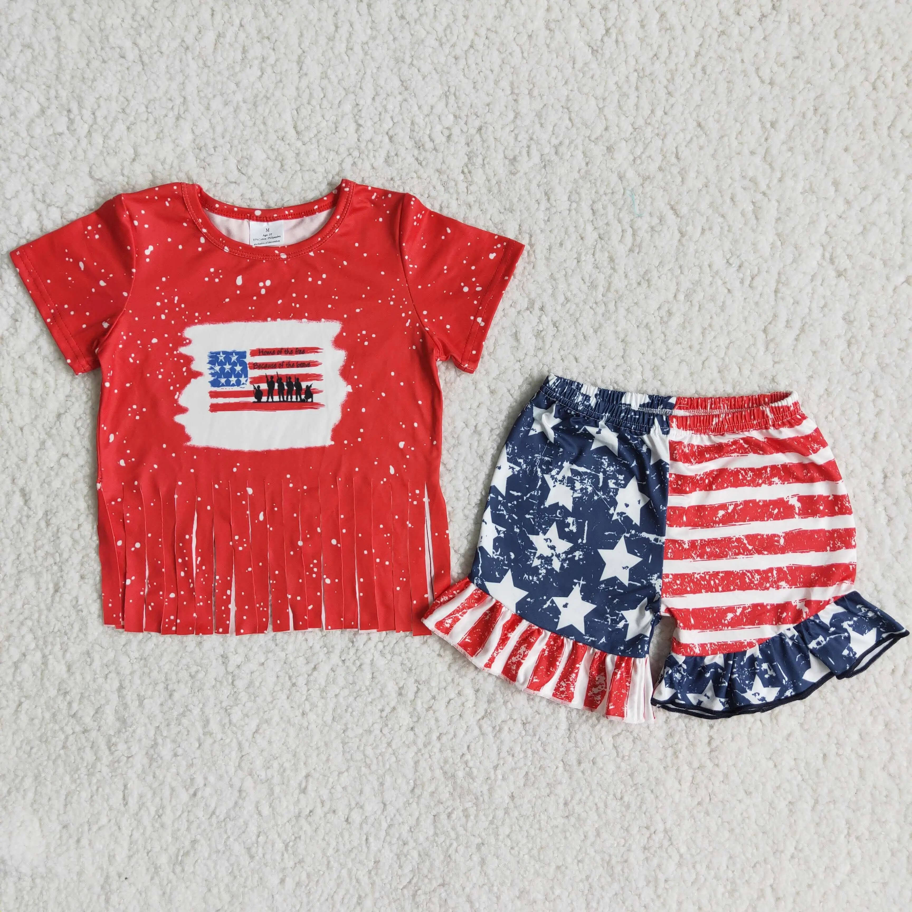 Peace love America July 4th Flag Baby Girl Short Sleeve Top Shorts Boutique 2 Piece Set Clothing Sets for children