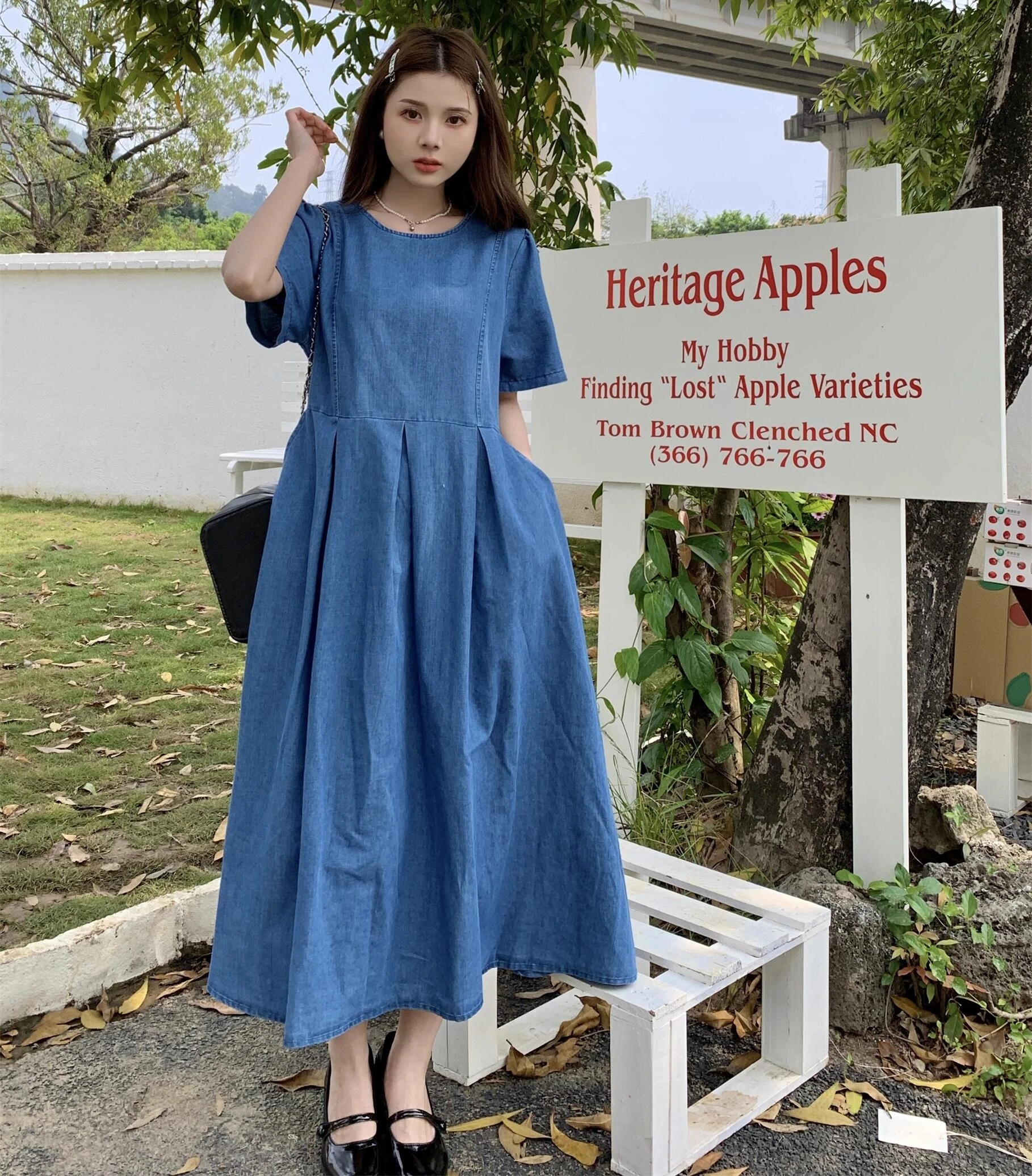 

Summer Denim Dress Women O-neck Short Sleeve Lace-up Dresses Casual Fashion Solid Single-breasted Pleated Long Skirt