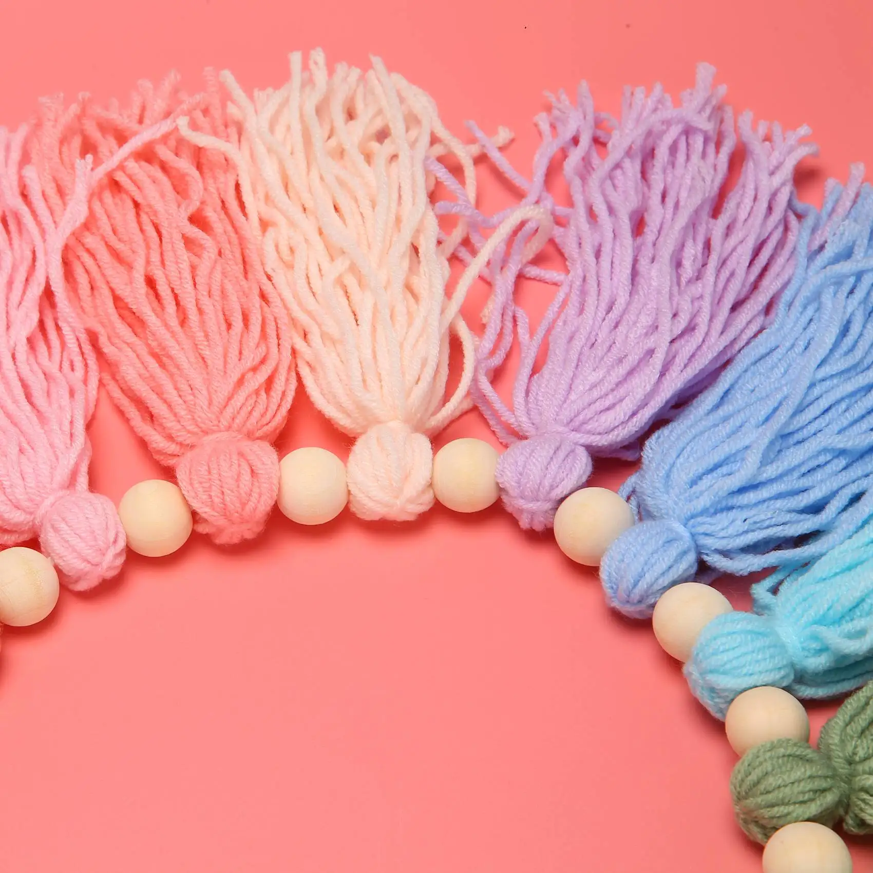 37Inch Pastel Rainbow Tassel Garland with Wood Bead Colorful Tapestry for Bedroom Wall Classroom Nursery Party Decor
