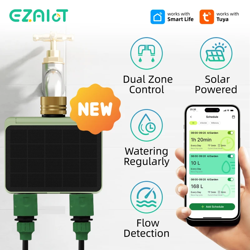 WiFi 2-Zone Automatic Sprinkler Solar Power Water Timer Smart Tuya Outdoor Garden Irrigation Programmable Watering Valve System