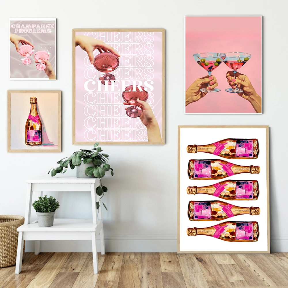 Pink Martini Print Y2K Preppy Wal Art Pictures Retro Bar Cart Canvas Painting Trendy Cheers Drinks Champagne Murals Dorm Decor