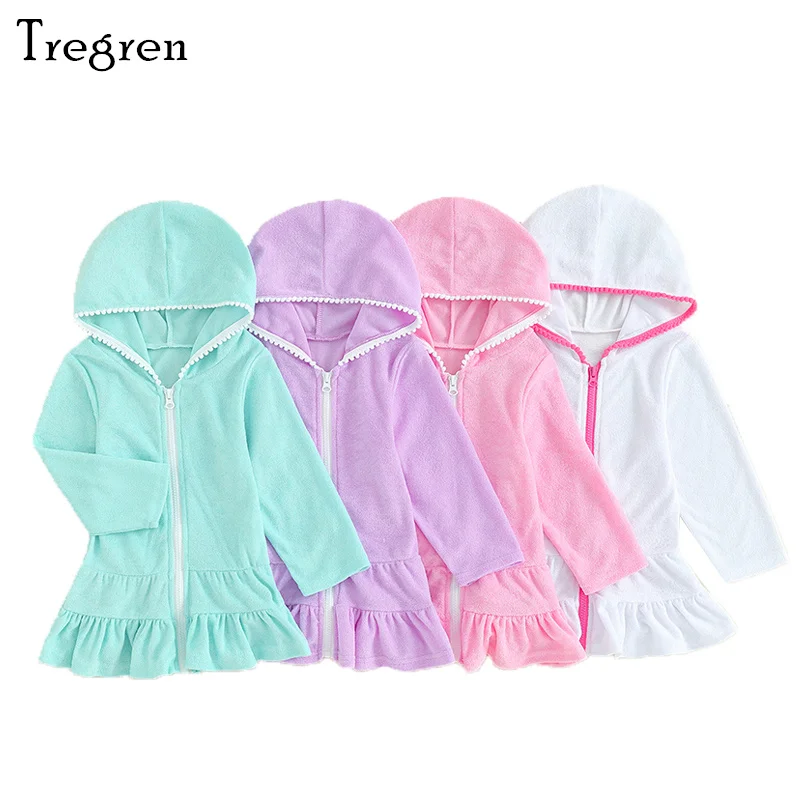 Tregren 2-8 세 어린이 소녀 후디, 원피스 캐주얼 단색, 러플 지퍼, 긴팔 비치 원피스,   용수철 의류