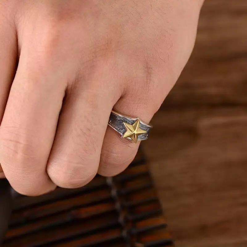 Retro Golden Star Ring For Men Punk Gothic Rock Hiphop Adjustable Ring Handmade Unisex Jewelry Bikers Accessories Lovers Gift 6