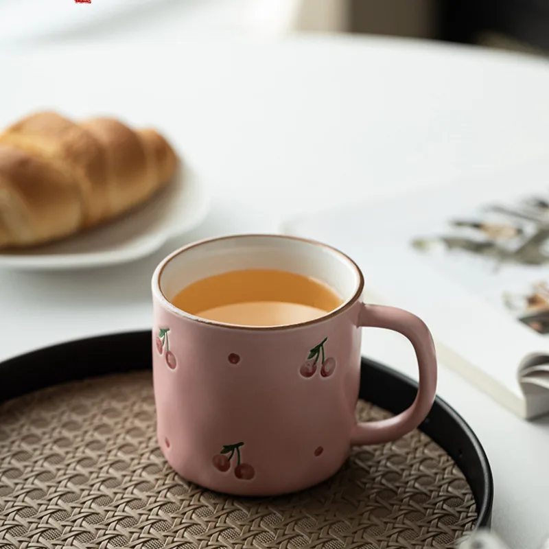 350ML Japanese Hand Drawn Cherry Ceramic Coffee Mug Personal Office Work Cup Water Jug Oatmeal Breakfast Mug Couple Handgrip Cup