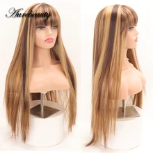 

Brown And Honey Blonde Highlight Colored Synthetic Hair Wigs With Bangs Long Bone Straight Ombre Full Machine Made Wig For Women