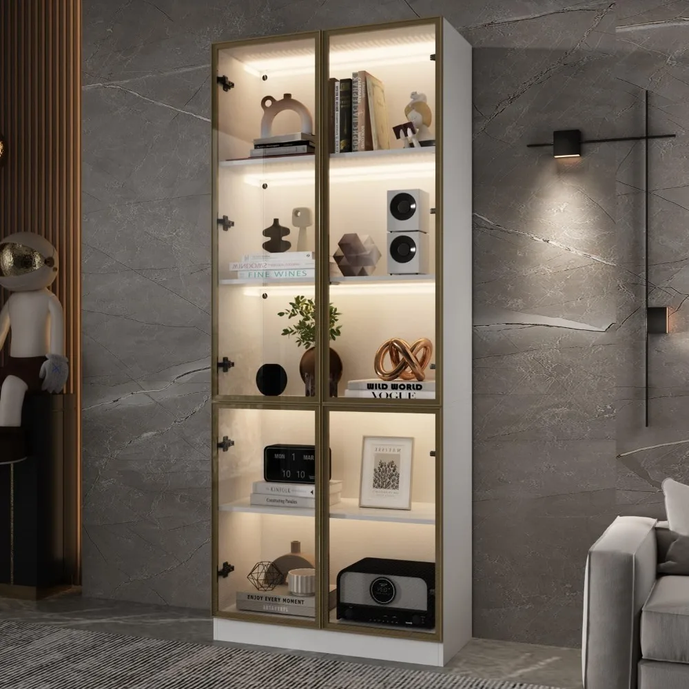 Curio Display Cabinet with Light, 5-Tier Storage Shelves with Pop-up Glass Doors & 3 Color LED Light, Glass Display Cabinet