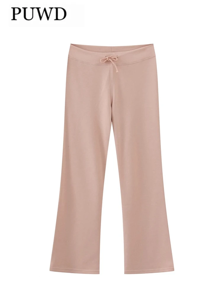 

Женские брюки-клеш PUWD с карманами, повседневные розовые однотонные длинные винтажные брюки с эластичным поясом, шикарные брюки, осень 2023
