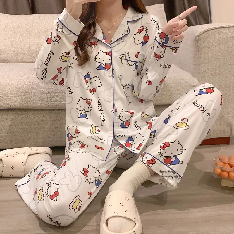 Sanrio-Pijama de Hello Kitty para niña y mujer, ropa de casa de manga larga japonesa, color melocotón para estudiantes _ - Mobile