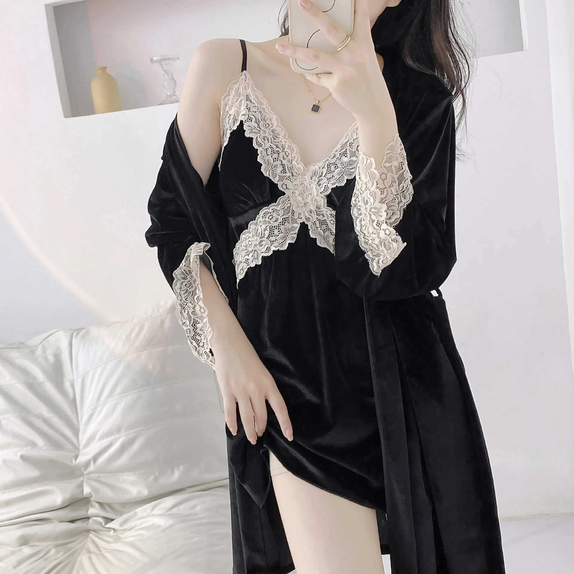 

Autumn Winter Two Piece Velour Robe Set Women Lace Nightgown Sleepwear Velvet Bathrobe Gown Suit Nightdress Kimono Home Dress