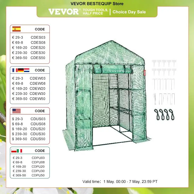 VEVOR Walk-in Green House Greenhouse with Shelves High Strength PE Cover with Doors & Windows and Steel Frame for Planting