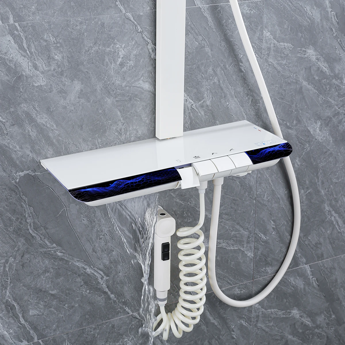 Back Spray Piano Digital Bathroom Shower System Faucet Rain Shower Head White Spa Waist Spray Piano Thermostatic Bath Shower Set 2