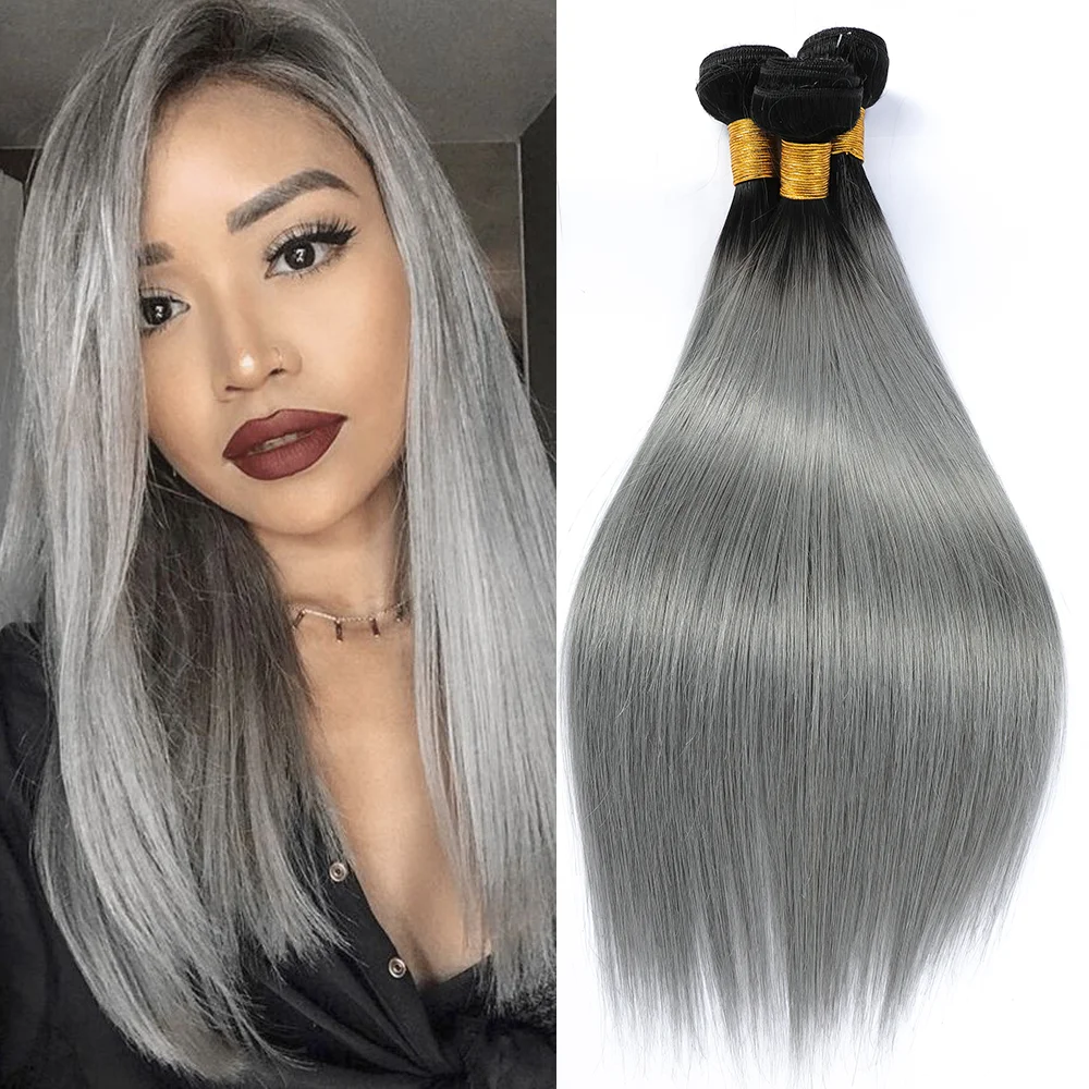 

NY Remy Hair 1B/Grey Straight Style Colored Human Hair Bundles Ombre Grey Hair For Black Women