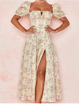 Women Floral Print Long Dress Summer Chic Short Sleeve Square Collar Split A Line Party Sundress Ladies Holiday Beach Vestidos - Image 6