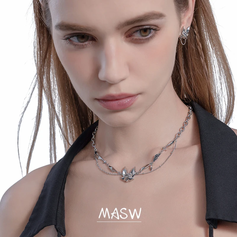 MASW Original Design Cool Trend High Quality Brass Thick Silver Plated Chain Fox Pendant Necklace For Women Jewelry Party Gift