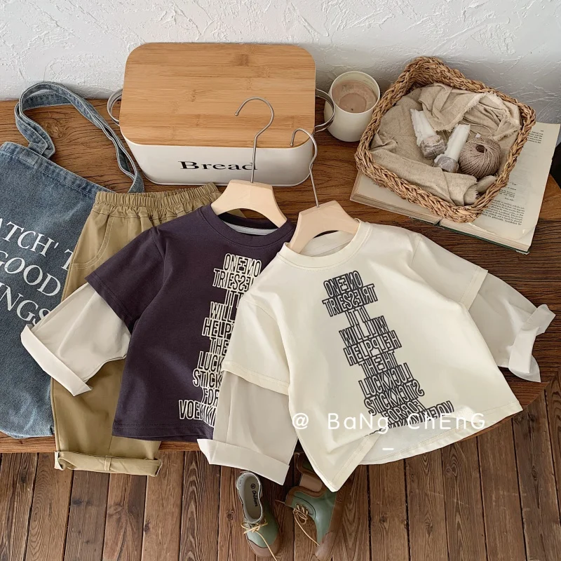 ChildrenTT-shirt2024Spring Letter Top Children's Clothing Fake Two-Piece Boys and Girls Long-Sleeved Pullover FashionG0045-WS