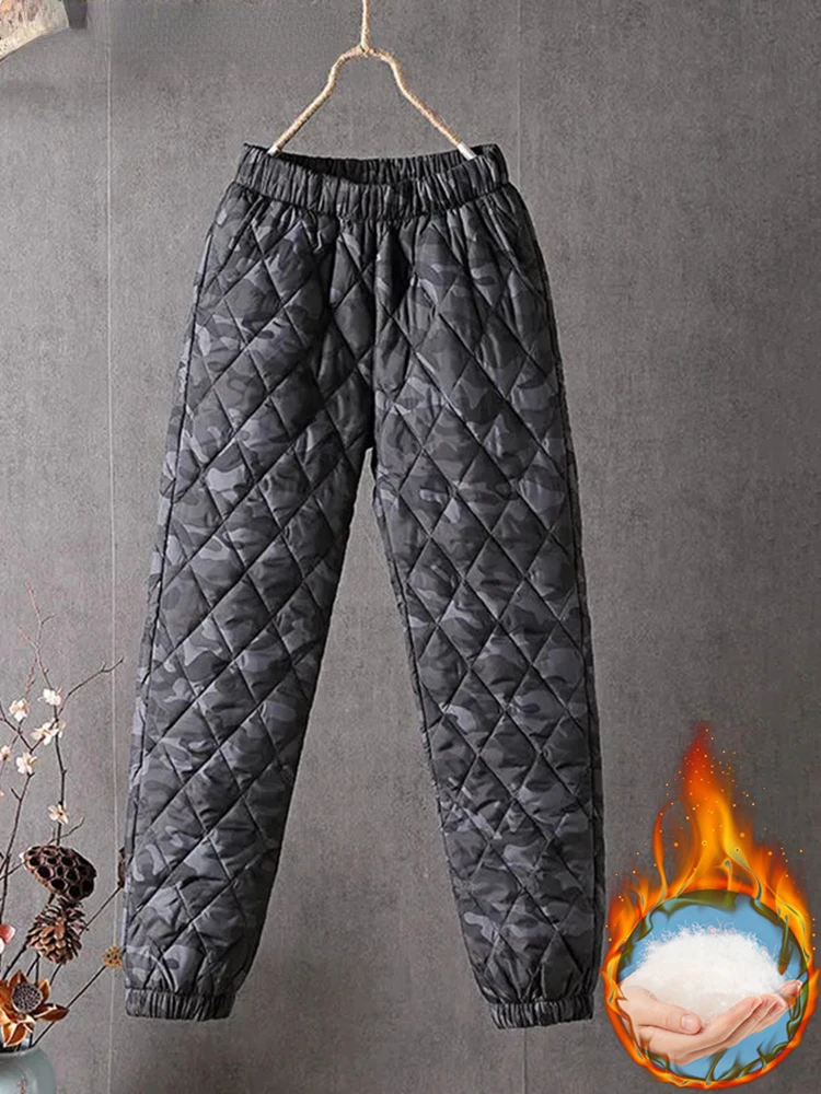 Warm Camouflage Print Thick Fluffy Ankle-length Pantalones Winter Down Cotton Thicken Harem Pants Jogger High Waist Sweatpants