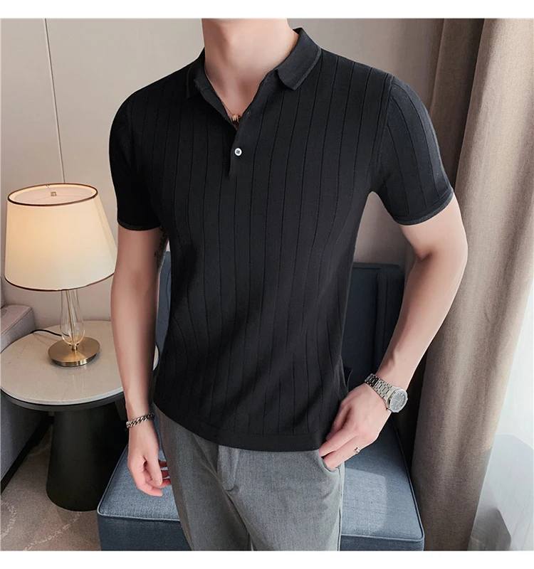 Men Summer Plaid Knitted Polo Shirts 2022 Vintage Green Short Sleeve Lapel  Tee Tops Elasticity Slim Casual Business Social Polos - AliExpress