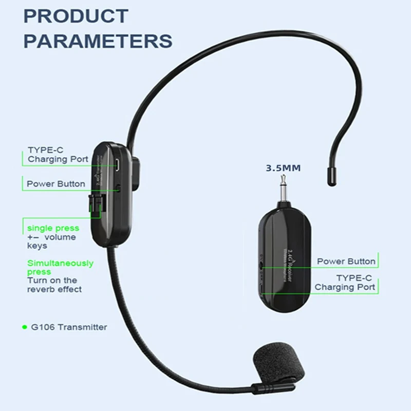 Wireless 2.4G Headset Microphone and Earphone for Amplification and Audio Activities