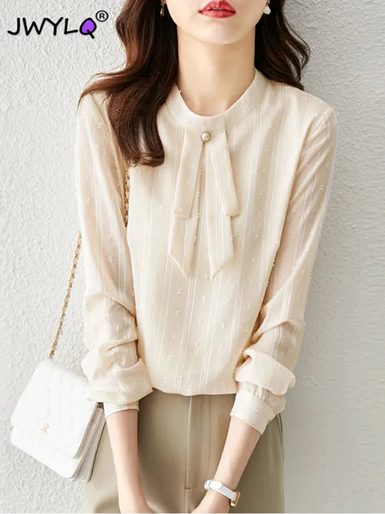 

2023 Spring Autumn Chiffon Long Sleeve Women's Clothing New Elegant Chic Bow O-neck Thin Shirt Solid Color Pullover Blouse Women