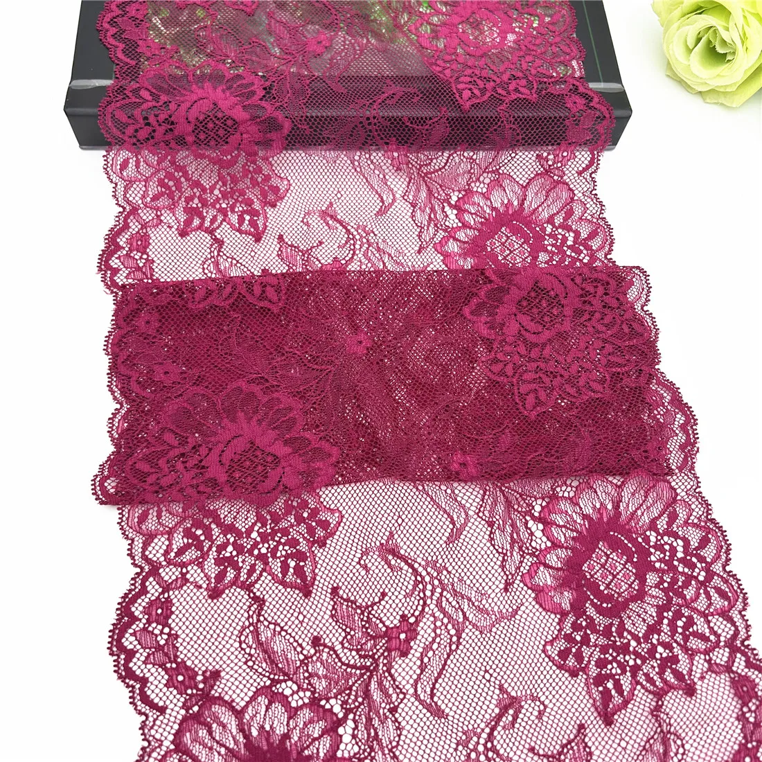 3y/lot Width 9 1/4 inch (23.50cm) Wine Red Elastic Stretch Lace Trim 4