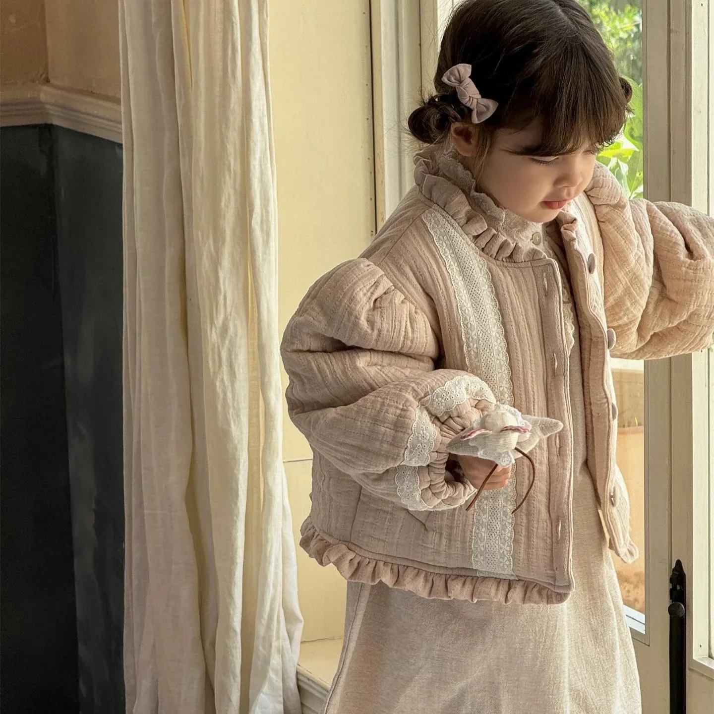 Children Clothes Korean Style Girls Coat Winter New Solid Color Lace Cute Cotton-padded Jacket Fashionable Warm Kids Jacket