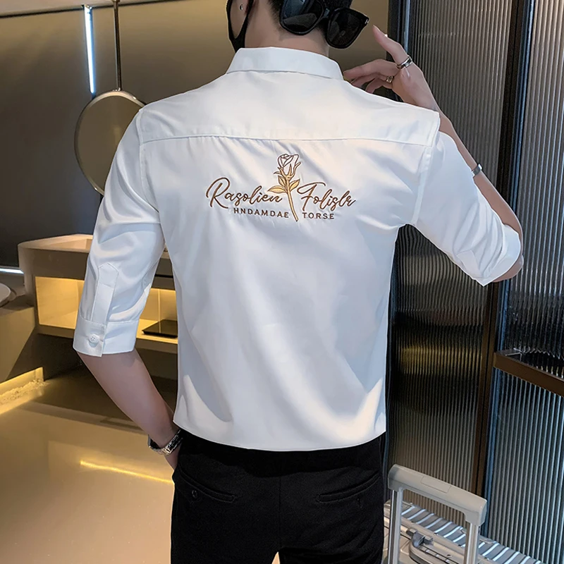 

Rose Embroidery Shirts for Men Half Sleeve Slim Casual Shirt 2022 Summer Business Social Formal Dress Shirts Party Tuxedo Blouse