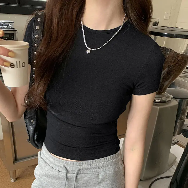 Basic Solid Crop Top Short Sleeve Crewneck Skinny T-shirt Summer Casual Tee for Women y2k Vintage Top Harajuku Streetwear - Image 8