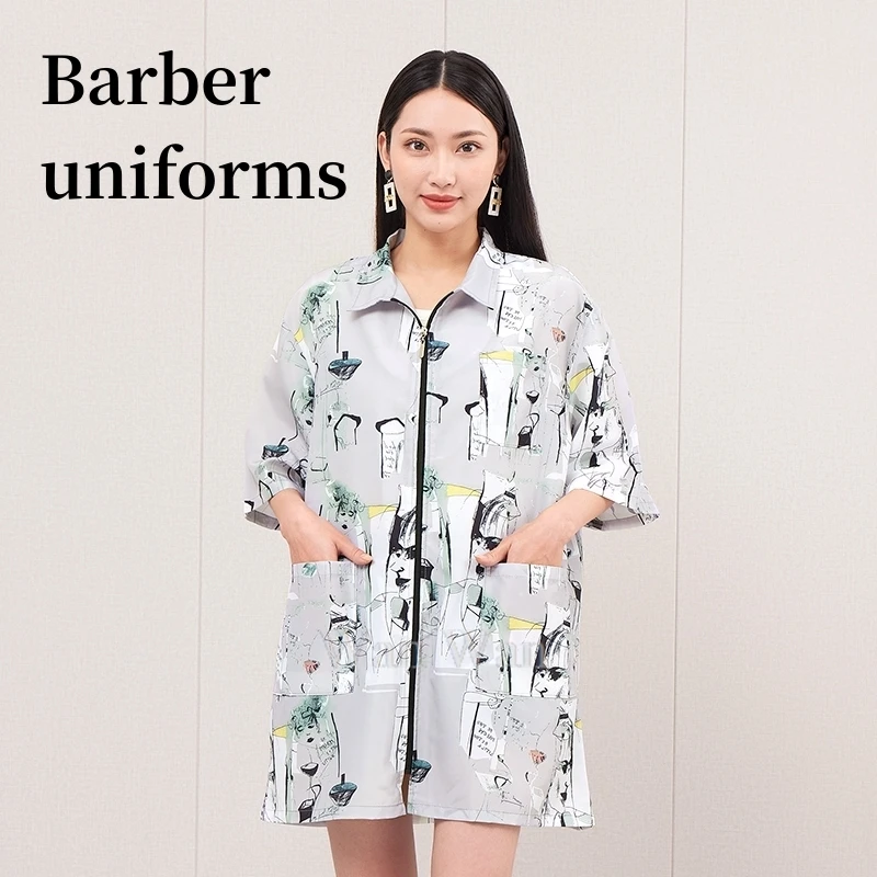 Salon Printed Uniform Graffiti Pattern Barber Shop Waterproof Work Clothes Anti Hair Anti Static Smock Hairstylist Haircut Gown