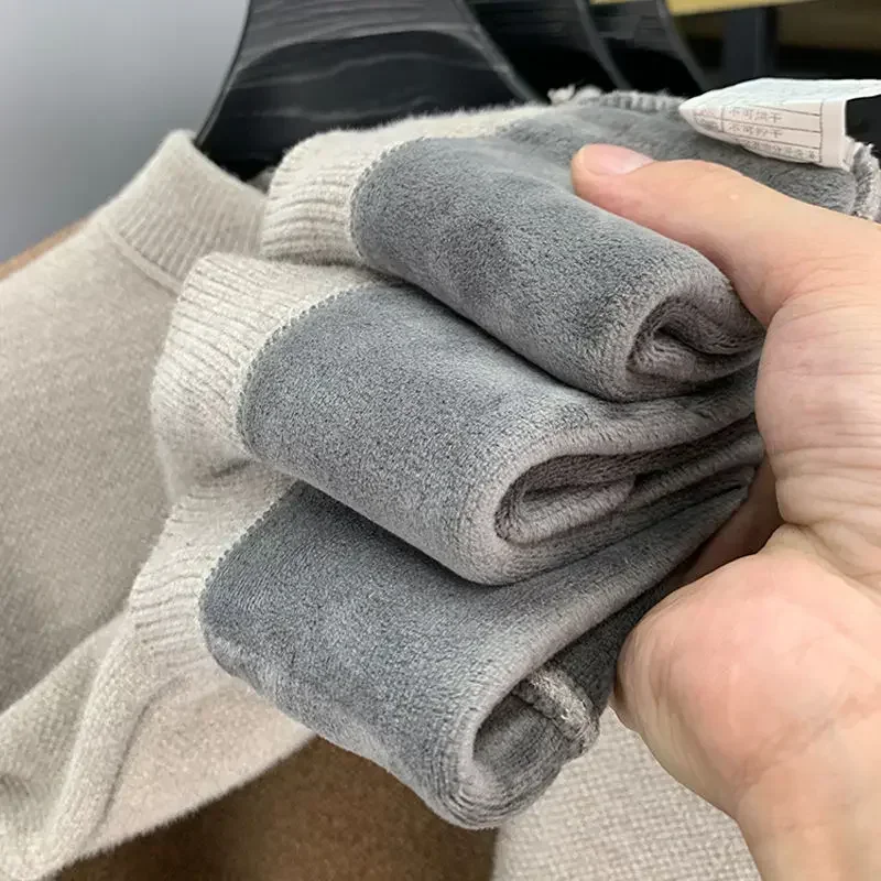 Winter Men's Warm Fleece Sweater O-Neck Embroidered Casual Knitted Inner Lap Pullovers Thick Thermal Underwear Sweater 3