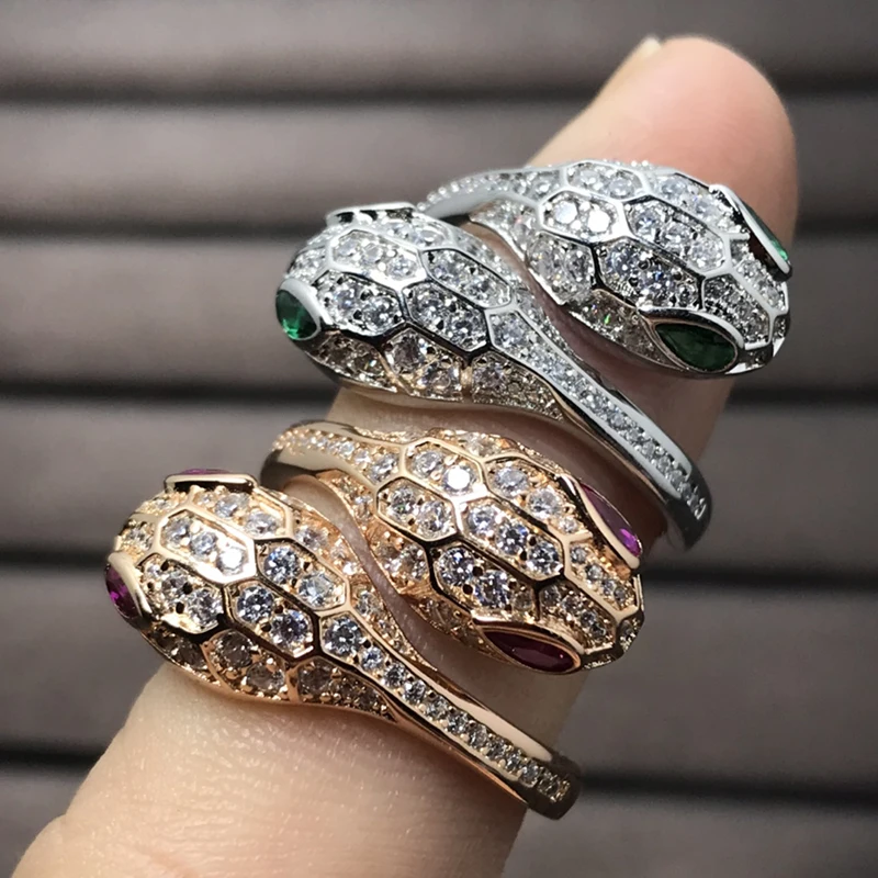 

Famous designer snake ring covered with zircon gold plated 925 sterling silver green red eyes double headed snake open ring